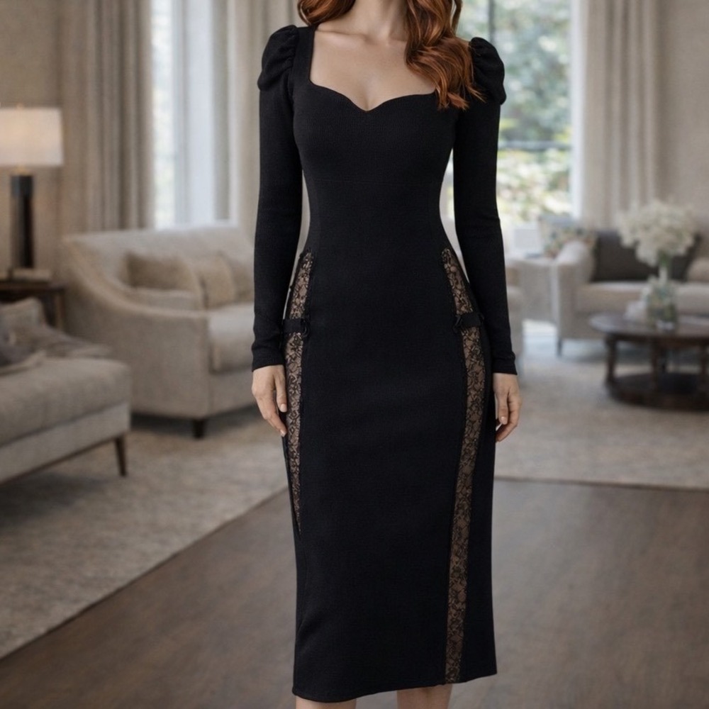 Black Ribbed Knit Bodycon Midi Dress S Lace Inset Square Neck Long Sleeve‎ Goth